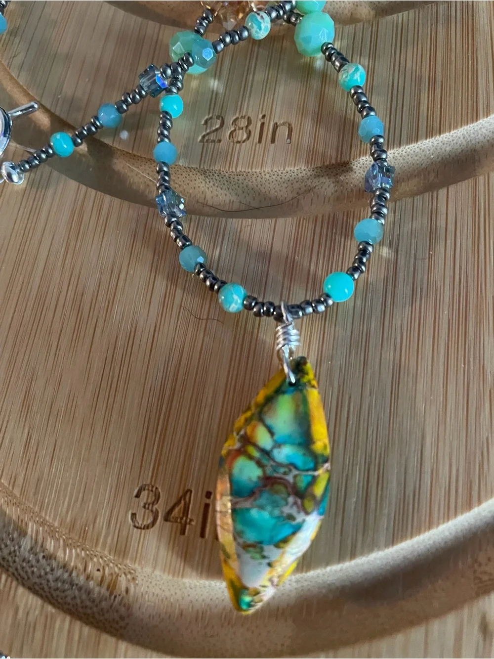 Handcrafted Green & Turquoise Beaded Necklace with Amber Accent Earrings